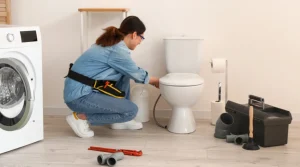 woman fixing toilet plumbing